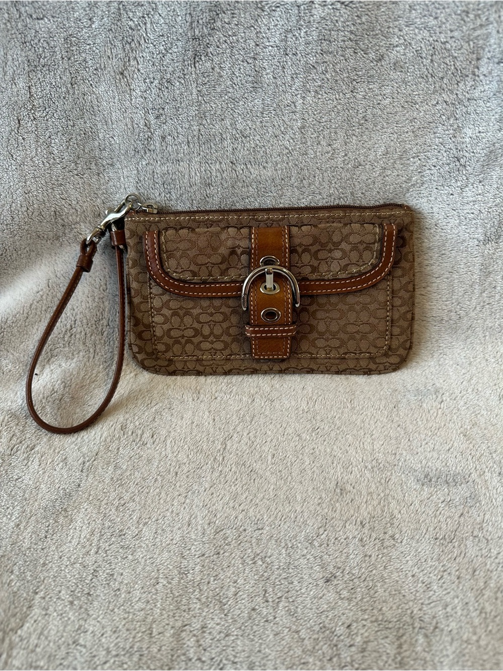 Coach Brown Signature Canvas Wristlet with Leather Buckle Trim